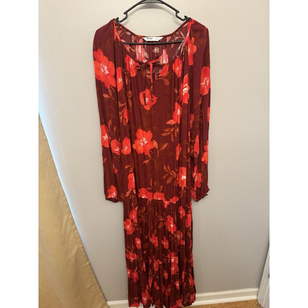 Sonoma NWT Womens Plus Size 4X Floral Print Long Sleeve Maxi Dress Pink Maroon